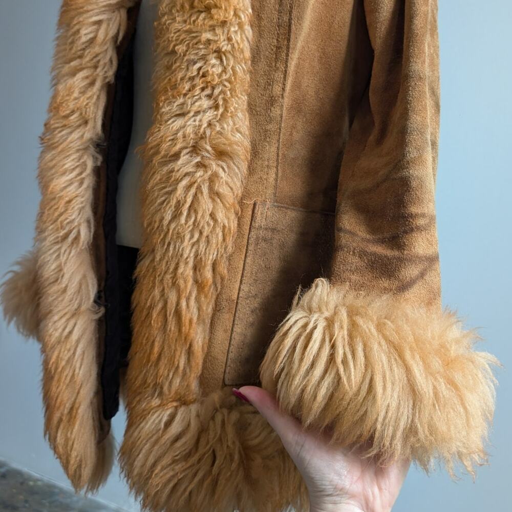 Vintage Rusty Orange Suede Penny Lane Jacket Leather Trench Coat Fur Coat Small - Picture 8 of 10